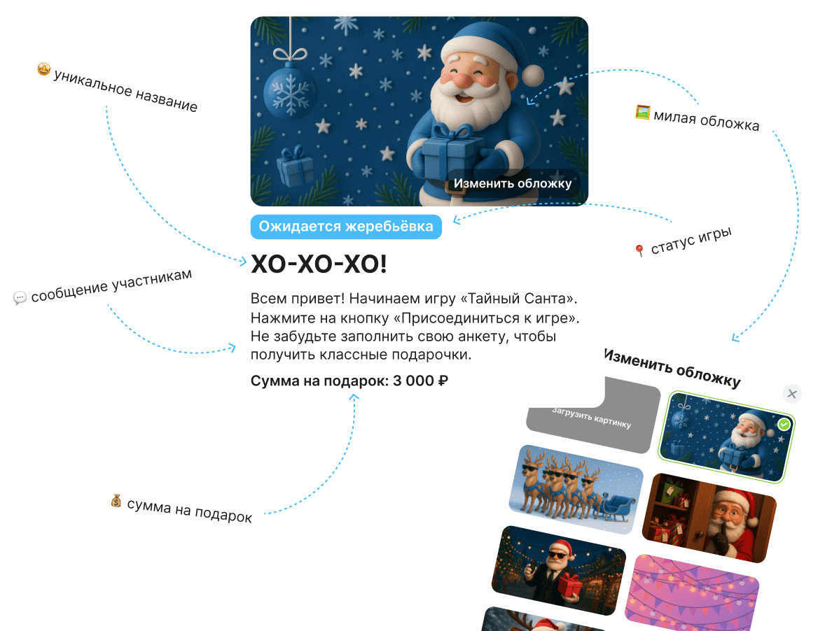 Интерфейс игры Тайный Санта - выбор обложки, название, сумма подарка